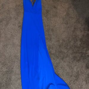 City Studio Blue Plunge Neck Prom Gown